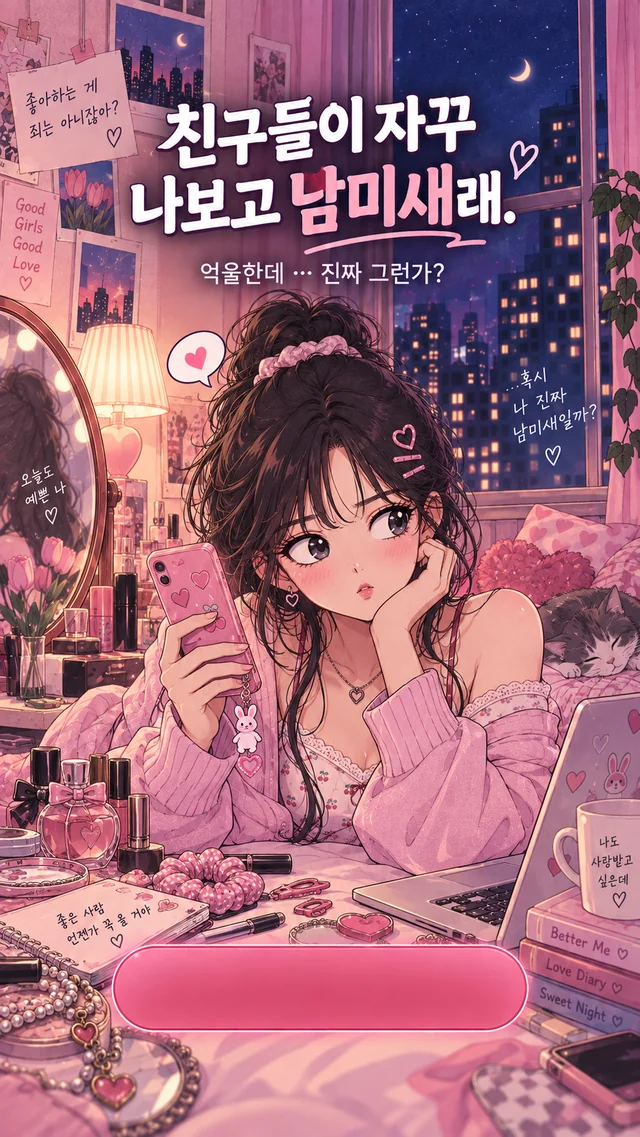 분홍빛 방에서 휴대폰을 들고 생각하는 소녀