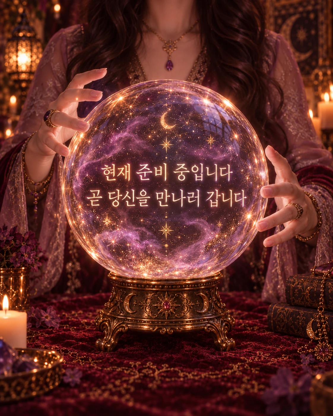 미렐의 양손 사이 빛나는 수정구슬. 현재 준비 중입니다. 곧 당신을 만나러 갑니다.
